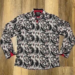 Barabas Abstract Imperial Button Up Collared Dress Shirt XL Black Red Baroque
